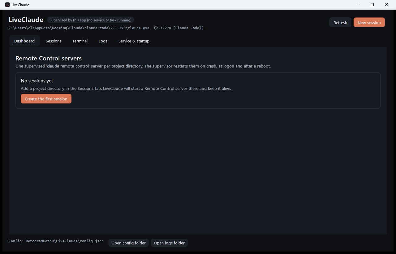 The LiveClaude dashboard listing supervised Remote Control servers