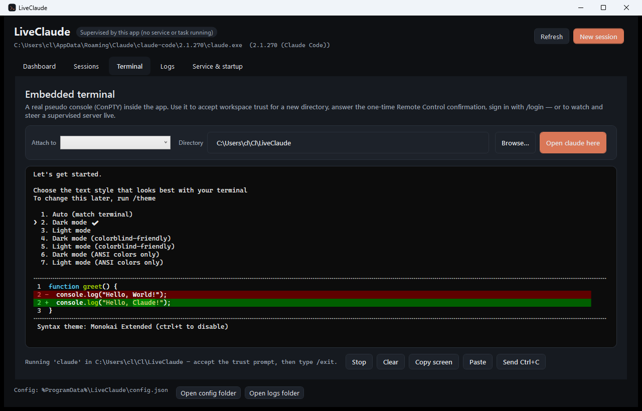 Claude Code running inside the app's embedded terminal